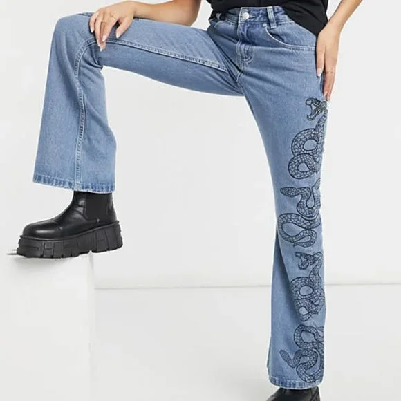COPY - Milk It Light Blue Recycled Flares Bell Wide Leg Snake Print Jeans Size …
